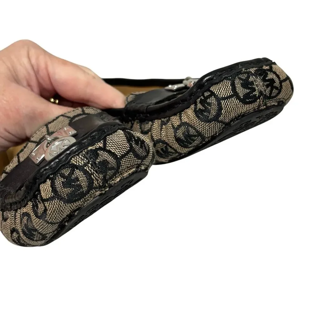 Michael Kors Flats Driving Loafers Slip On Shoes Casual Black Beige Logo 9M